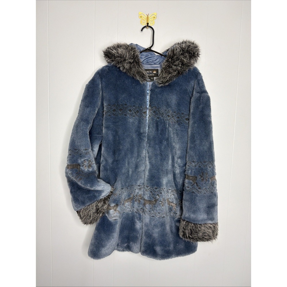 Nordic Lights Coat Womens Large Blue Faux Fur Hooded Fair Isle Reindeer Parka